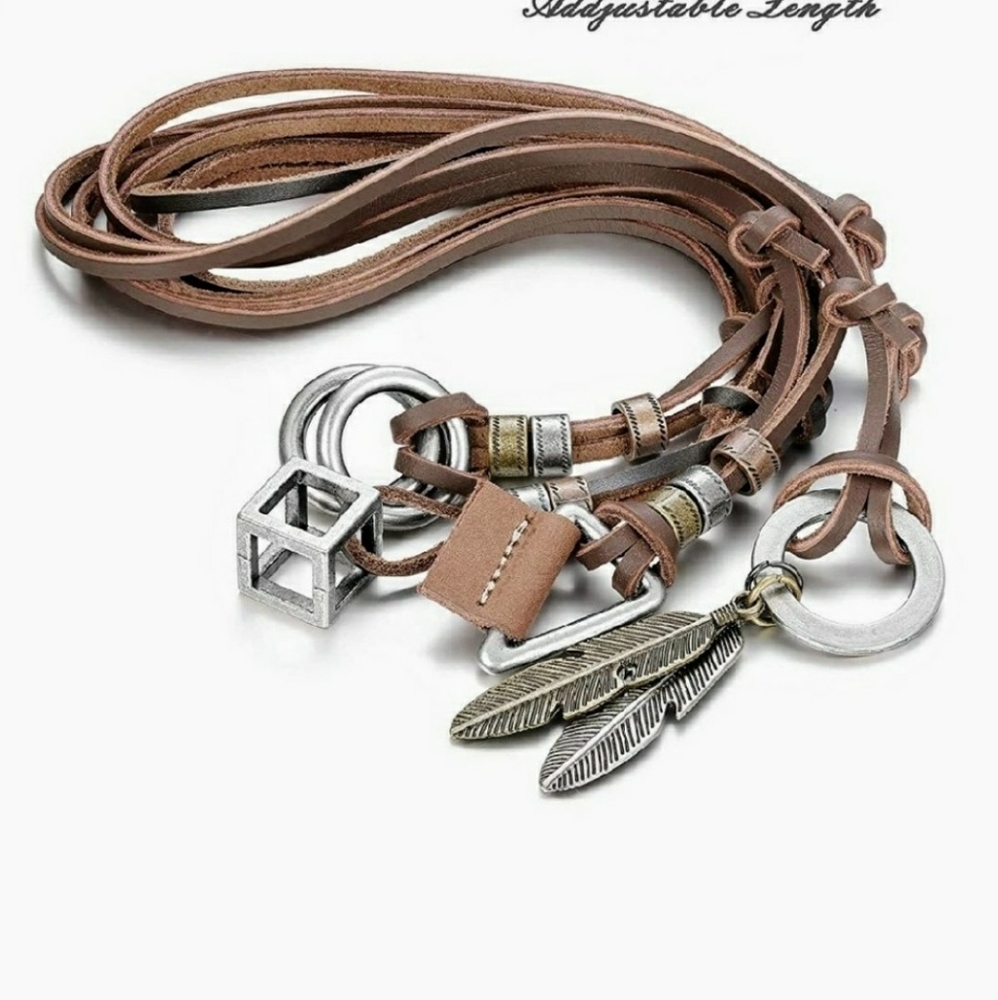Unisex Brown Leather&Stainless Steel Necklace - Picture 2 of 3